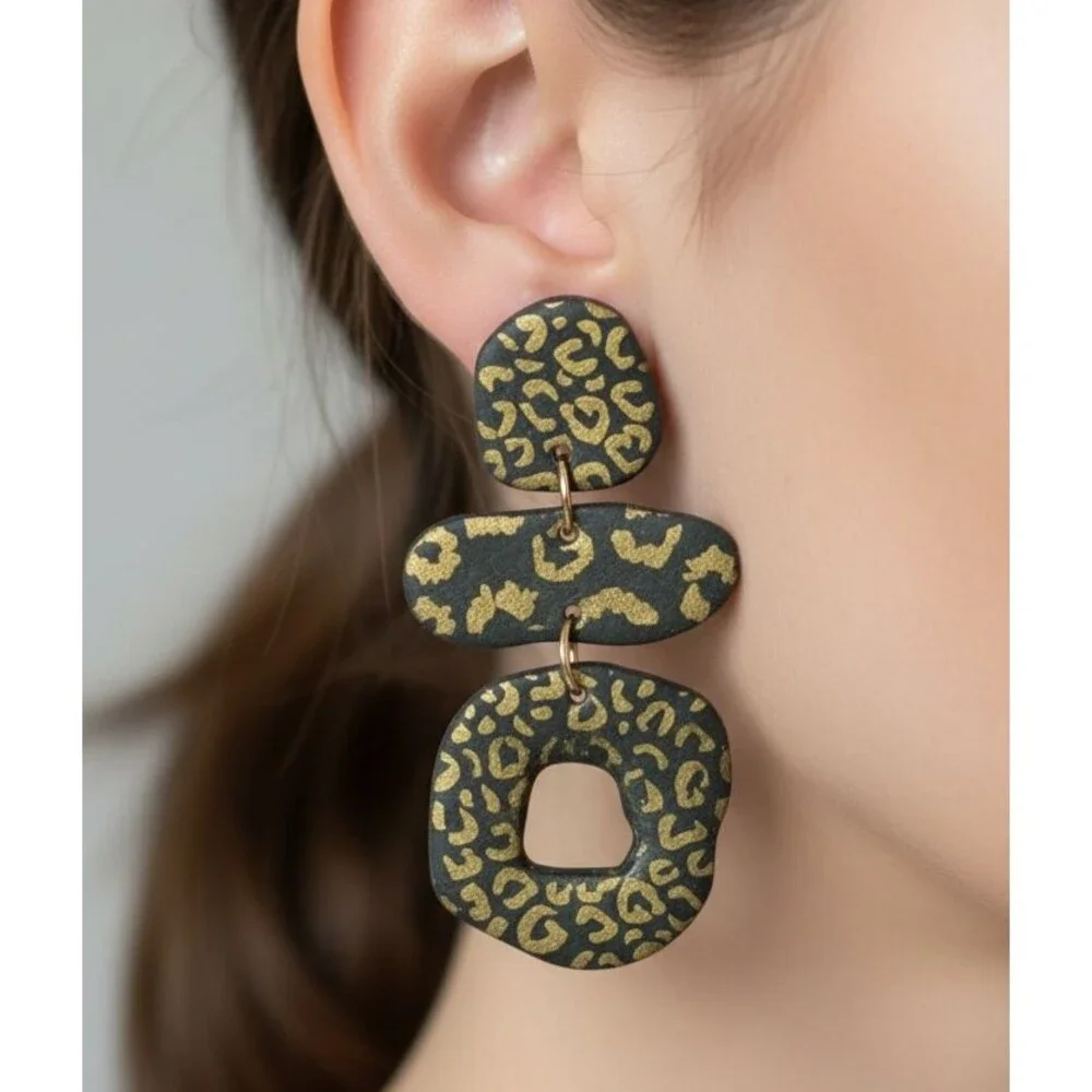Polymer Clay Dangle Earrings Large Black & Gold Animal Print Handmade SS Posts